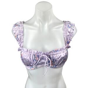 More to Come Purple Satin Floral Ruffle Sleeveles Bandeau Bustier Crop Top Sz XS